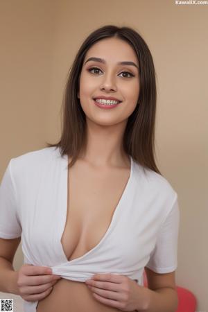 A woman in a black dress sitting on a white couch.