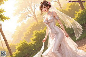 A woman in a wedding dress standing in the woods.