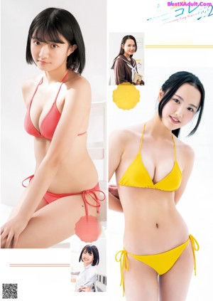 A group of four pictures of a woman in a bikini.