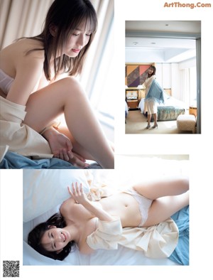 A woman in a blue bikini sitting on a window sill.