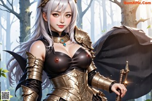 A woman in a revealing outfit holds a sword, standing amidst falling petals.