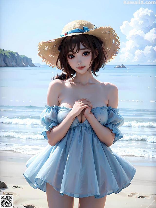 A woman in a blue dress and straw hat on the beach.