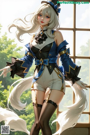 A woman in a blue and white outfit holding a sword.