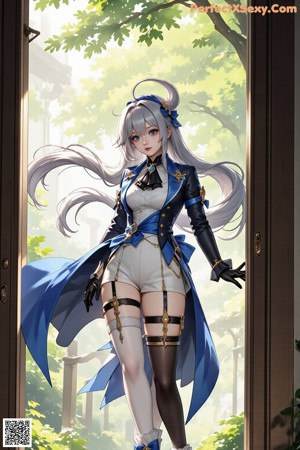 A woman in a blue and white outfit is posing for a picture.