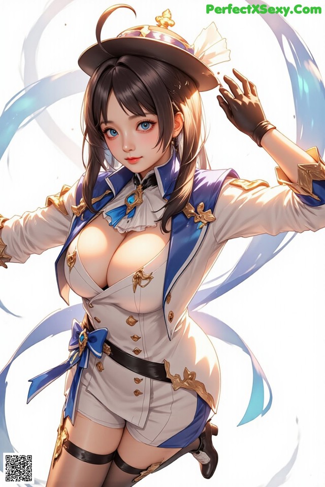 A woman in a white and blue outfit with a hat.