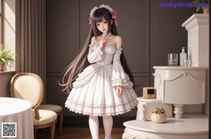 A woman in a maid outfit posing for a picture.