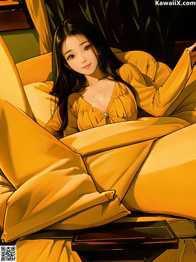 A woman laying on a couch in a yellow dress.