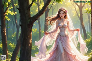 A woman in a wedding dress standing in the woods.
