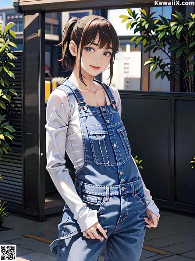 A woman in a white shirt and blue overalls posing for a picture.