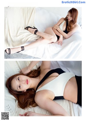 A woman in a black and white bikini sitting on a bed.