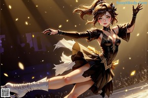 A woman in a gold dress dancing in the snow.