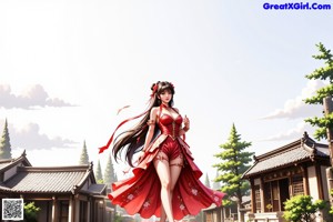 A woman in a red and white dress is posing for a picture.