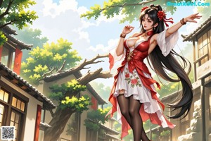 A woman in a red and gold outfit posing for a picture.