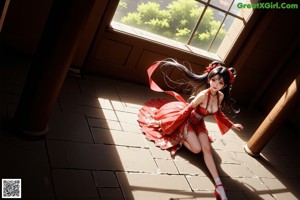 A woman in a red dress sitting on a wooden deck.