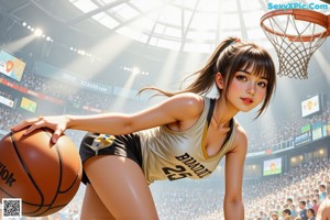 A woman holding a basketball on a basketball court.