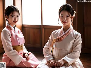 A woman in a blue and white hanbok posing for a picture.
