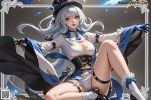 A woman in a white and blue outfit with a crown on her head.