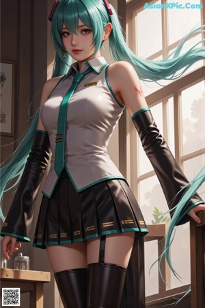 A girl with long green hair sitting on a ledge.