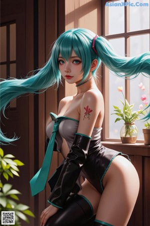 A woman with long blue hair wearing a school uniform.