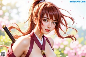 A woman in traditional attire holds a sword, standing outdoors with cherry blossoms and traditional architecture.