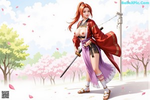 A woman in traditional attire holds a sword, standing on a path lined with cherry blossoms.