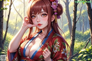 A naked asian woman sitting on a tree trunk.