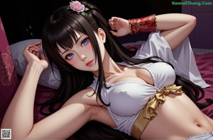 A naked woman in a chinese dress sitting on a window sill.