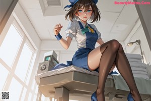 A woman in a nurse outfit sitting on a hospital bed.