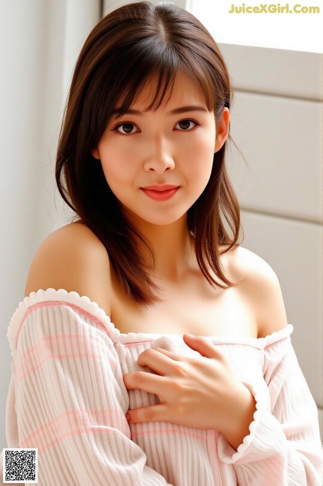 A woman in a pink and white striped shirt posing for a picture.