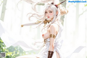 A woman with long white hair sits in front of a window, wearing minimal clothing.