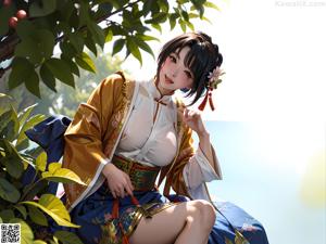 A woman in a green kimono sitting on a table next to a plant.