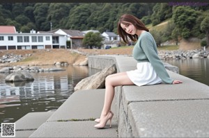 A woman in a green sweater and white skirt posing on a rock.