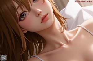 Anime girl with big tits sitting on a bed.