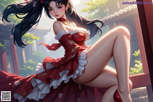 A woman in a red and white dress sitting on the ground.