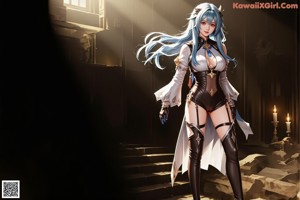 A woman with long blue hair wearing a costume.