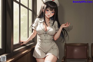 A woman in a nurse outfit posing in a hospital room.