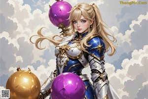 A girl with long blonde hair holding a sword.