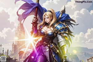 A woman with long blonde hair wearing a blue and gold outfit.