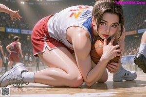 A woman in a basketball uniform standing in front of a crowd.