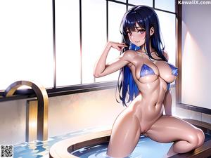 A woman in a bikini sitting on a bed.