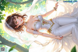 A woman in a wedding dress standing in the woods.