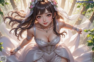 A woman in a wedding dress standing in the woods.