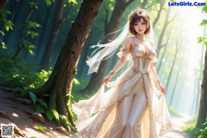 A woman in a wedding dress standing in the woods.