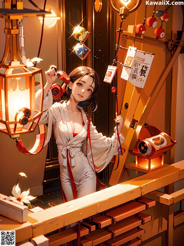 A woman in a white kimono holding a lantern.