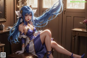 A woman with long blue hair sitting on a table.