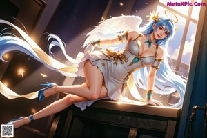 A woman with long blue hair sitting on a table.