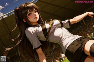 A girl in a soccer uniform leaning against a window.