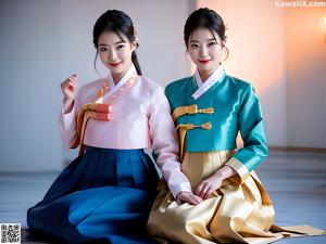 A woman in a yellow and green hanbok poses for a picture.